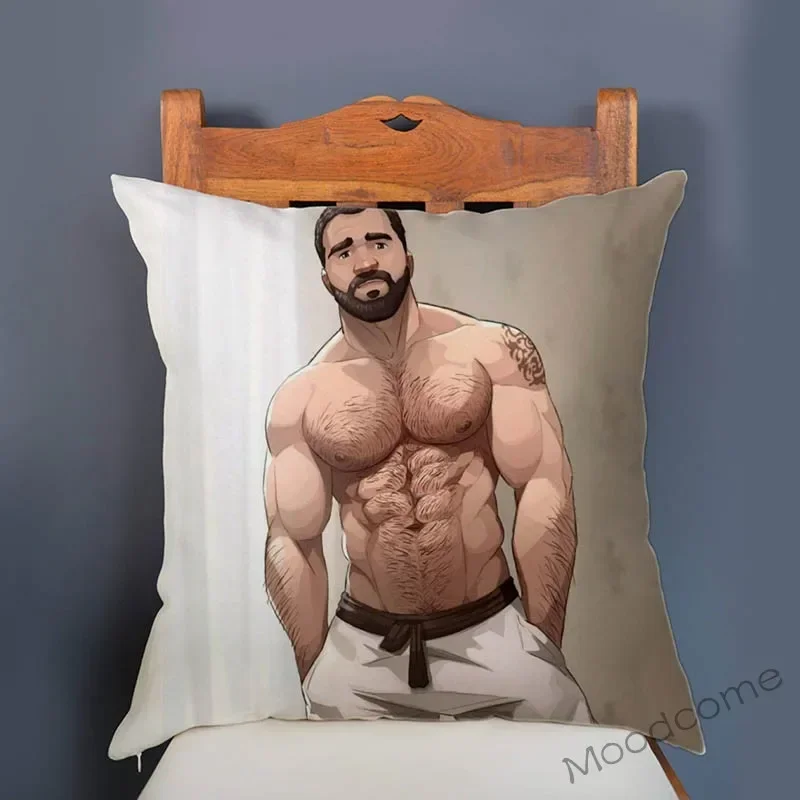 Super Sexy Hot Masculine Male Muscle Hairy Bear Man Cartoon Gay Art Soft Velvet Sofa Pillow Case Cozy Boyfriend Cushion Cover