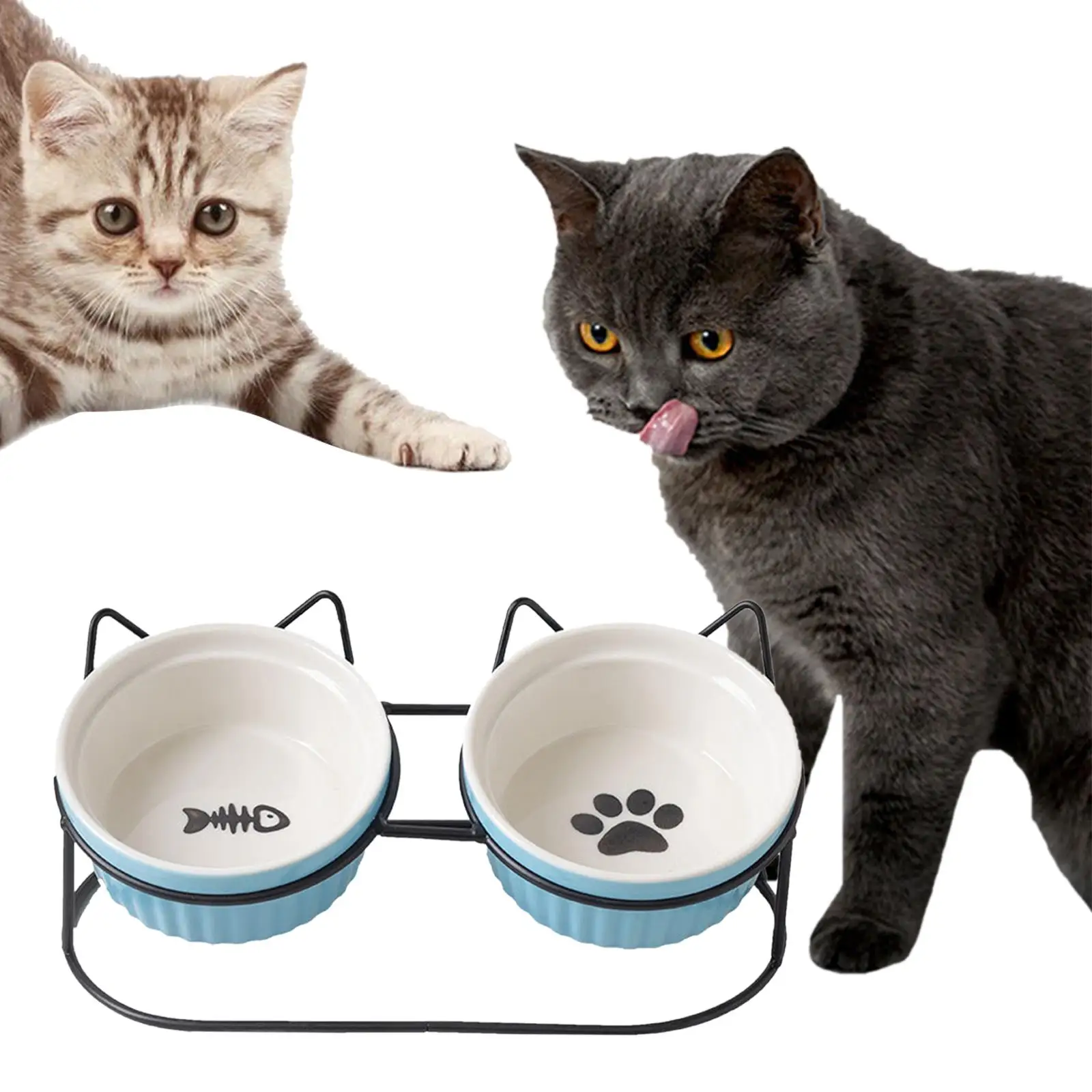 Retro Cat Bowls Raised Stand, Double Elevated Feeding Bowls Holder for Pet Ceramic Bowl Dog Cat Food Feeding Bowls Stand