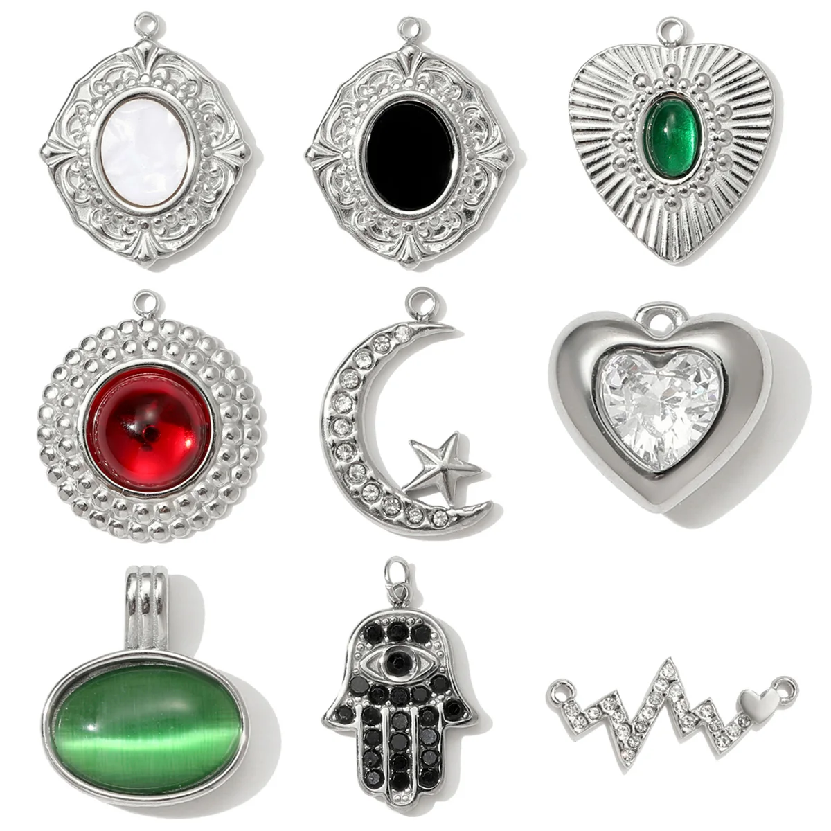 3pcs/Lot Vnistar Stainless Steel Hamsa Hand Heart Necklace Pendant Mirror Polish Star Moon DIY Charm Women Heartbeat Jewelry