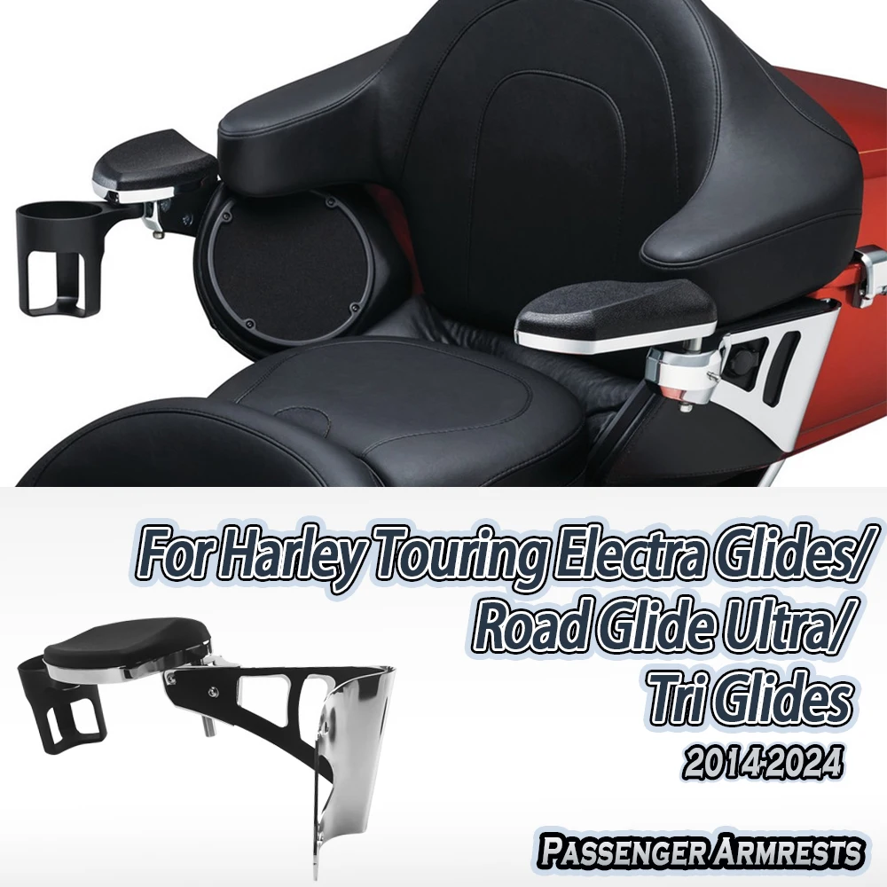 Motorcycle Rear Passenger Armrests With Drink Cup holder For Harley Touring Electra Street Road Glide Ultra Tri Glides 2014-2024