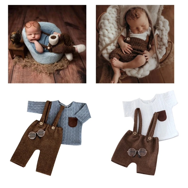 

Newborns Photography Outfit Set Baby with Glasses & Suspender Shorts Baby Photoshoot Costume Bundle for Boys Girls Gift