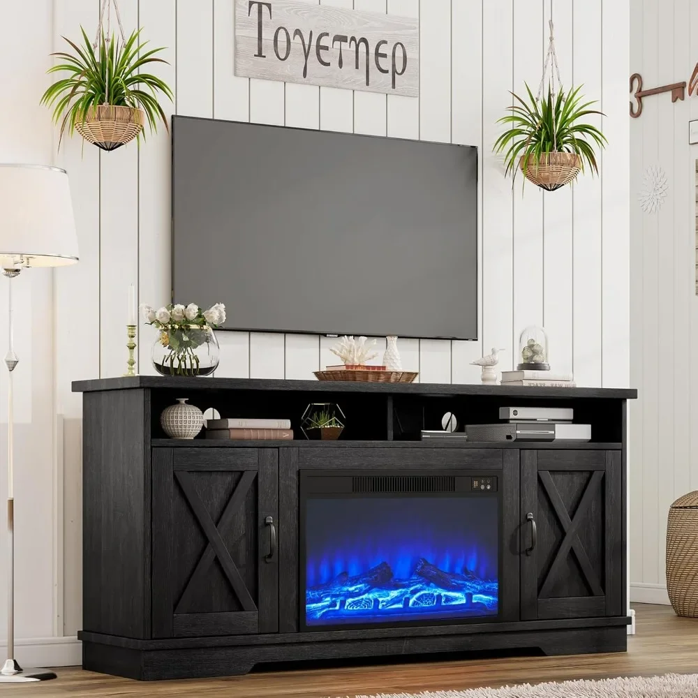 

63" Farmhouse TV Stand with 26" Fireplace, for TVs up to 73", Entertainment Center with Adjustable Shelf & Barn Doors