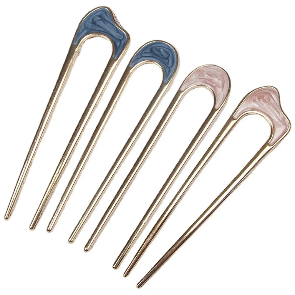 

4pcs U shaped Hairpin Gems W Accessories Fork Stick Bun Blue Pink Long Hair Styling Durable Match Hair Sticks