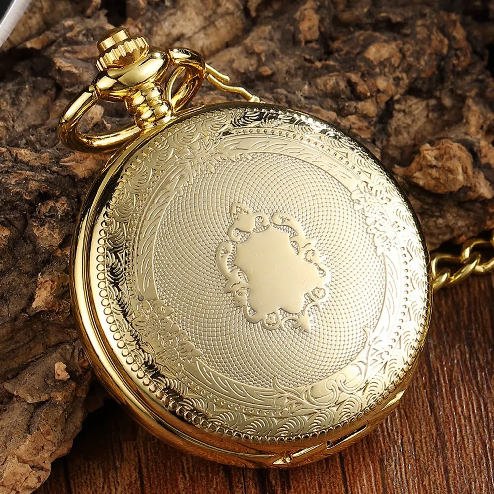 Or Creux Cerf Motif Mécanique Montre De Poche Vintage Double Côté Steampunk Fob Horloge Mâle Collier Montre Chaîne Femmes Hommes