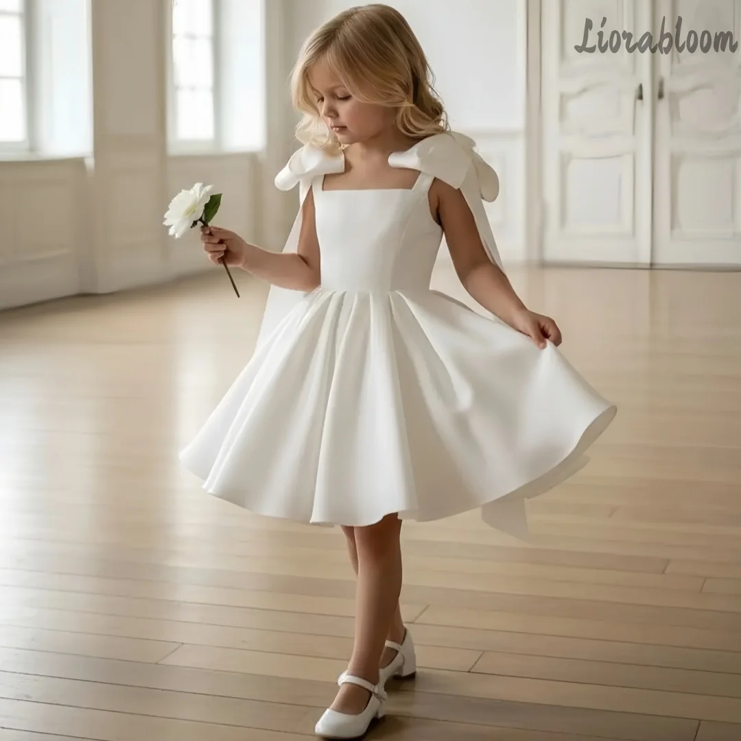 Custom Multi-Color Flower Girl Dress Custom Formal Knee-Length Dress with Large Bow Long Gown with Pleated Hem