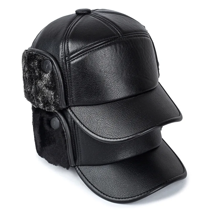 Black Leather Fur Baseball Cap For Men Winter Warm Hat Snapback Women Bones Dad Caps Gorras Earflaps Thicken Caps