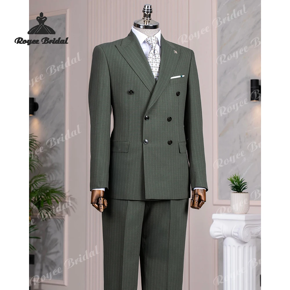 

Green Stripes Two Piece Peak Lapel Men's Suit Wedding 2026 Double Breasted Business Suit Customized trajes para hombre