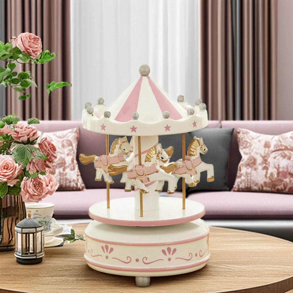 Hot Sale Luxury Wooden Carousel Home Decor Christmas Ornament Music Box Tabletop Classical Christmas Wooden Round Music Box