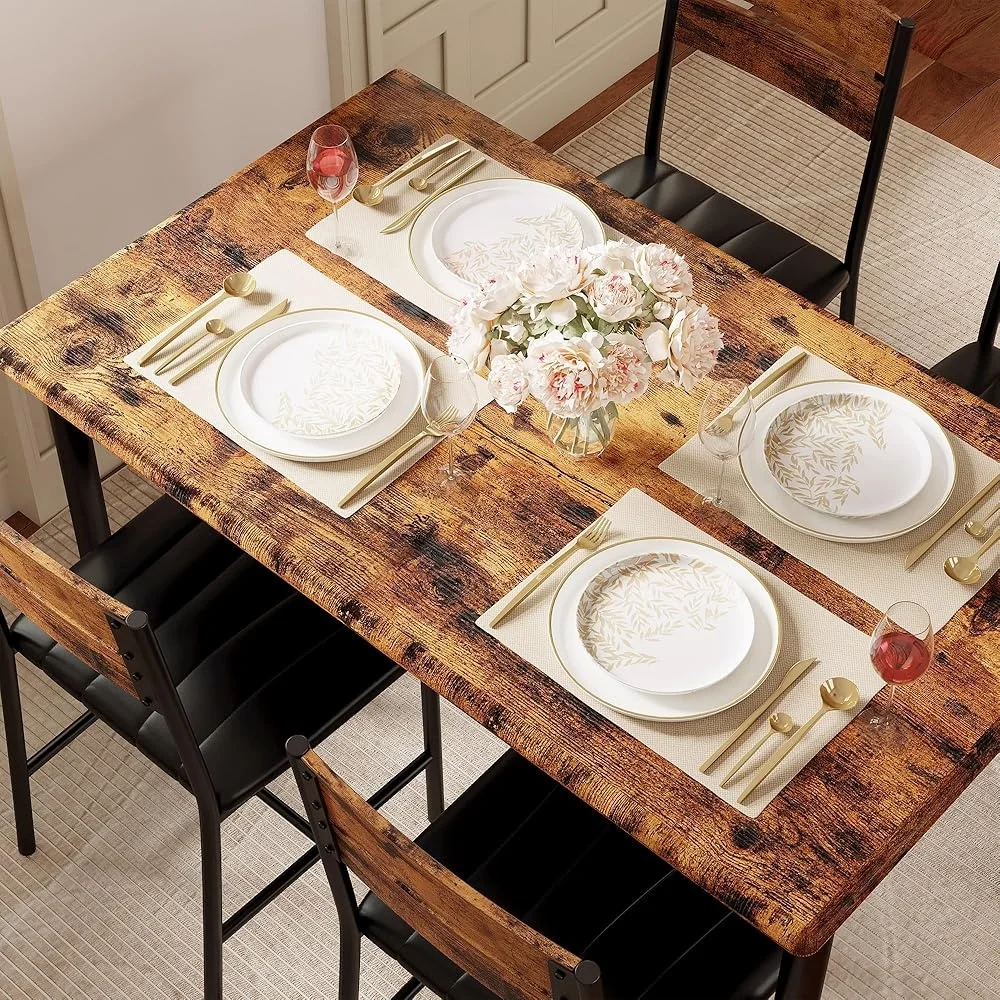 Rustieke bruine 5-delige houten eetset met gestoffeerde stoelen Ruimtebesparend ontwerp Comfortabel keukenmeubilair Gemakkelijk onderhoud