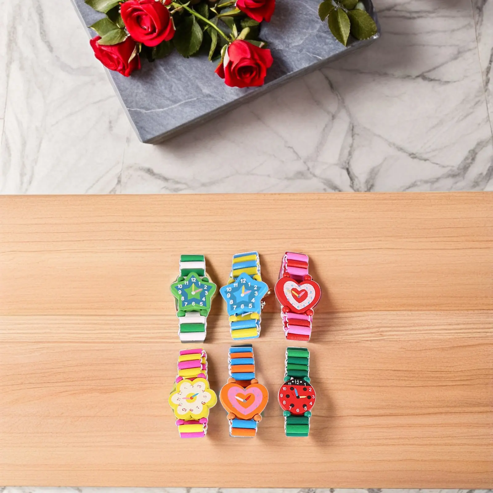 6Pcs Wood Craft Cartoon Simulation Wristwatches Kids Watch Set Cute Patterns Lifelike Modeling Children Gift Warm Colorful