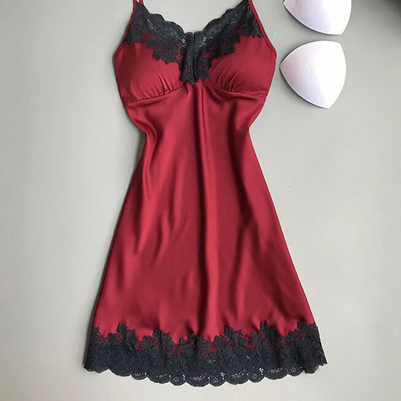 Women\'s Sexy Lingerie Summer Silk Night Gown Lace Patchwork Mini Night Dress Spaghetti Strap NO Chest Pad Sleepwear For Ladies