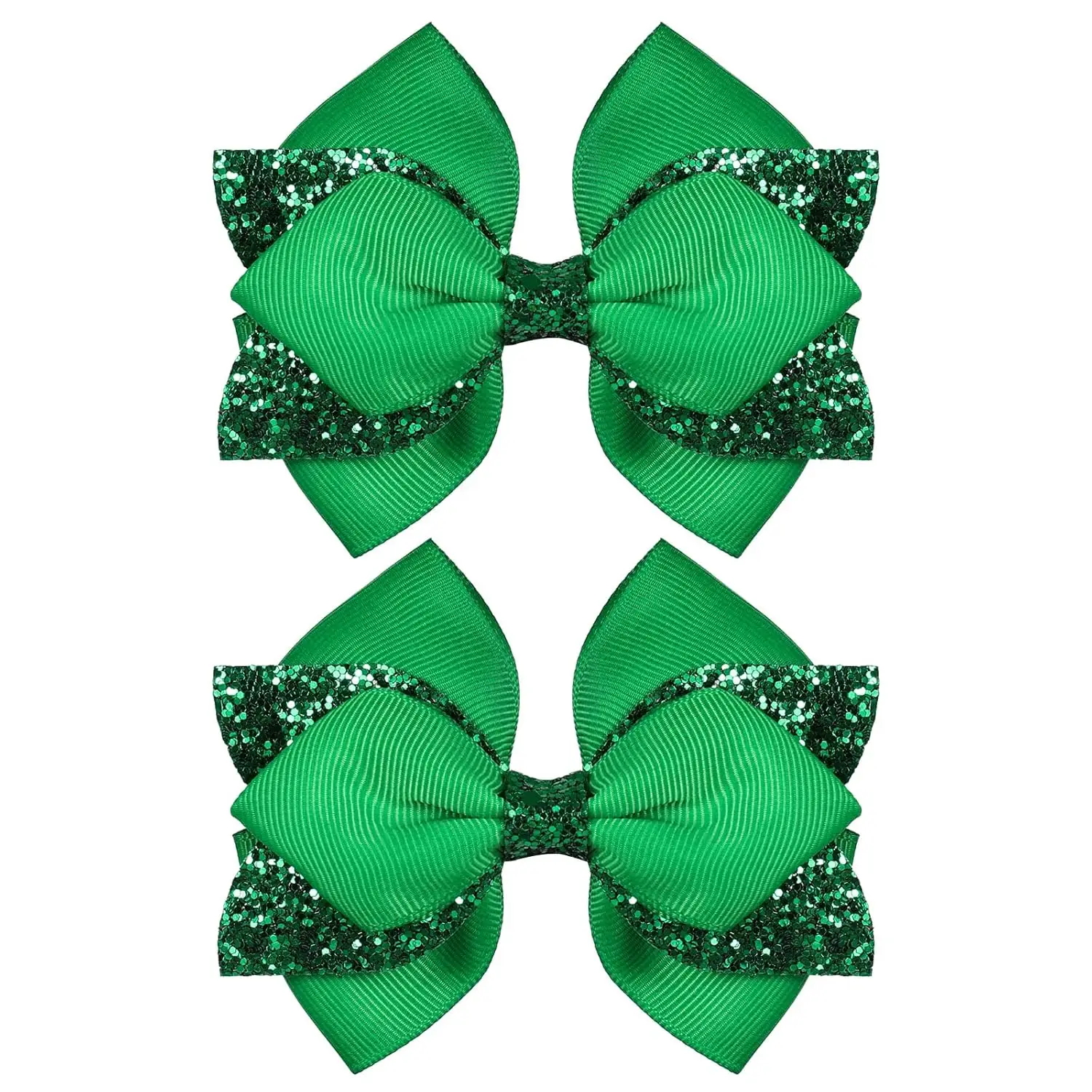 

4" Green Sparkle Hair Bow Clips for Girls - St. Patrick's Day & Easter Hair Accessories