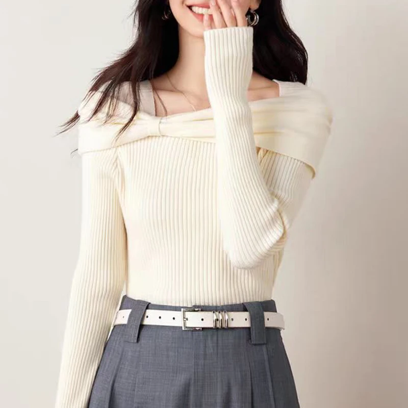 

Элегантный модный женский свитер, корейская модная вязаная рубашка, тонкий пуловер с вырезом и длинными рукавами, топы