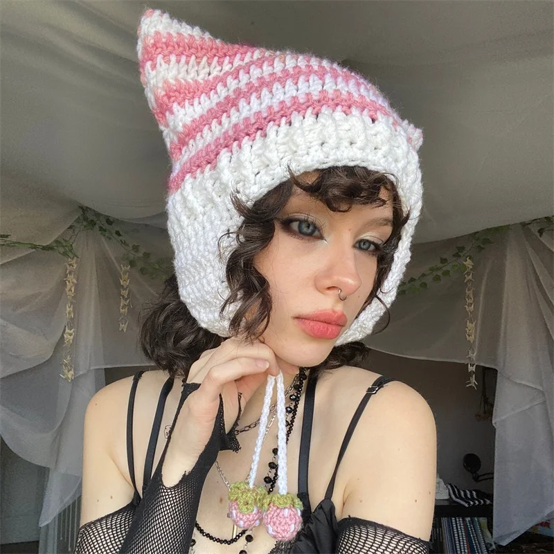 Women'S Striped Knitted Cat Head Hat  Winter Spicy Girl  Warm Cat Ear Hat Grunge Crochet Cat Head Hat  For Outdoor Activities