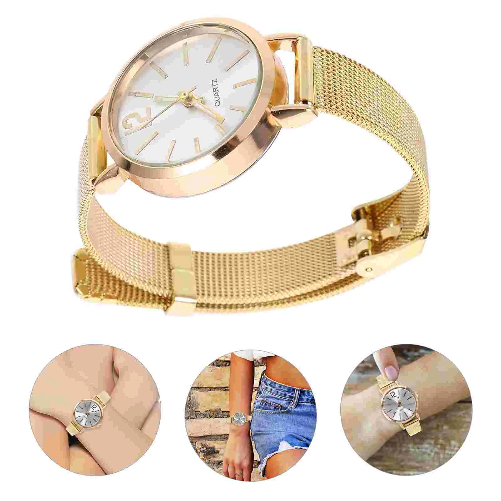 Bangle Bracelets for Women Watch Fashion Watches Golden Quartz with Mesh Belt Miss