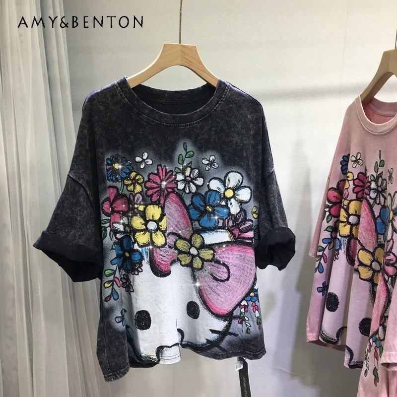 

Autumn New Heavy Industry Y2k T-shirt Ladies Cute Cartoon Sequin O-Neck Short Sleeves Loose Fit Cotton Top Slimming Kawaii Tees
