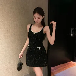 Heavy Sequin Sexy Strap Dresses Spring New Slim Fit Bodycon Dress for Women Y2k Fairycore Sleeveless Black Vestidos Mujer