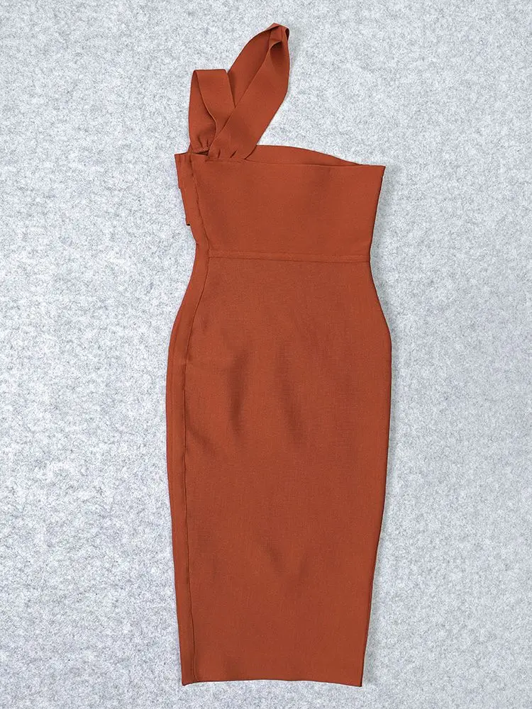 ปาร์ตี้ตัดออกBodycon Hollow Zipper Vestidos XLเซ็กซี่ฤดูใบไม้ผลิหนึ่งไหล่Halter BANDAGEชุดราตรีสีน้ําตาล 2025 ผู้หญิง