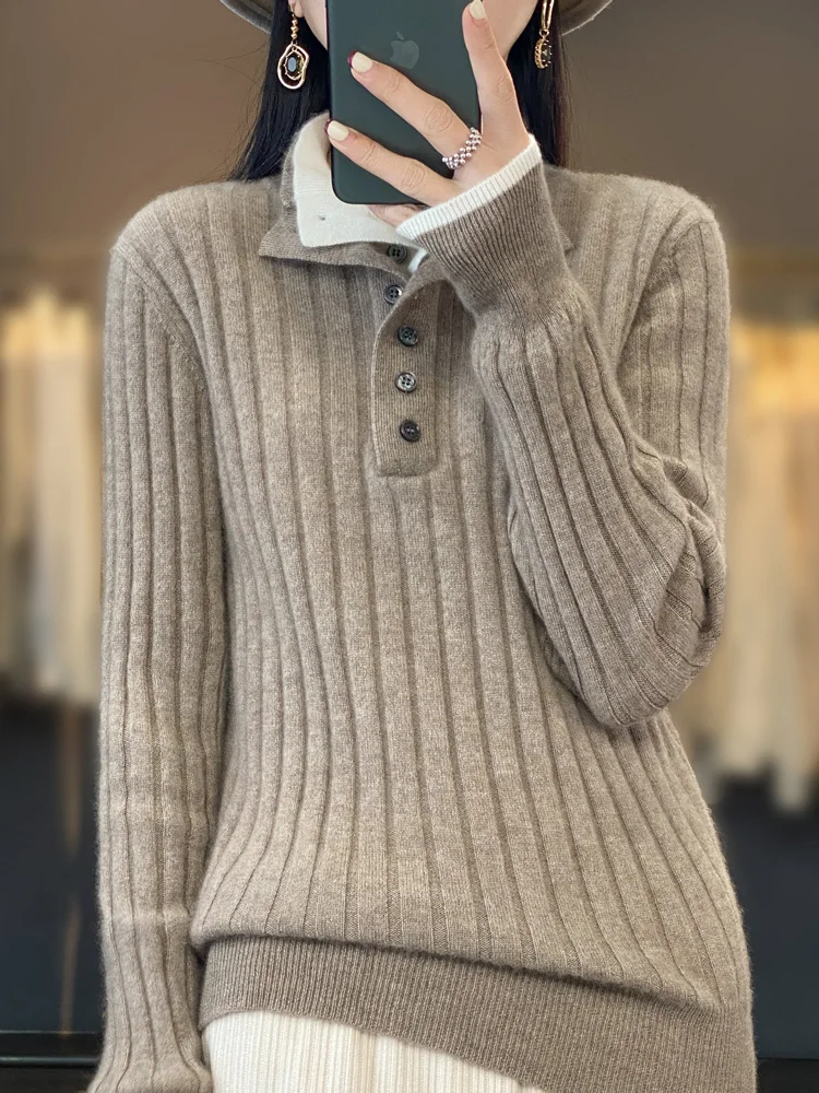 2024 High Quality Women Autumn Winter Casual Turn-down Collar Pullover Cashmere Sweater 100% Merino Wool Knitwear Clothing Tops