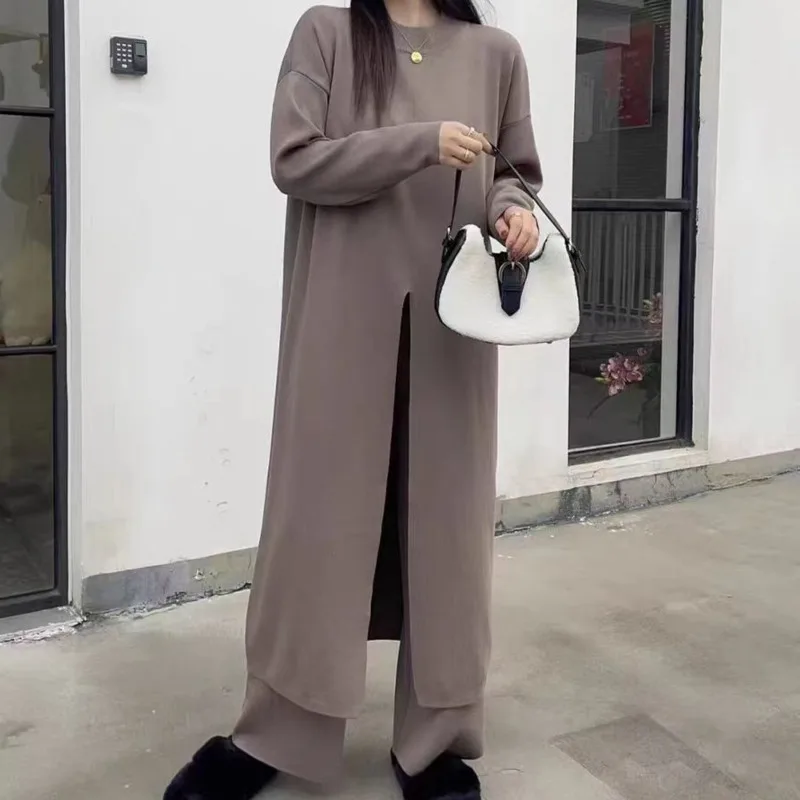 EAEOVNI بلون محبوك 2 قطعة مجموعة النساء شتاء جديد سبليت تصميم سترة طويلة واسعة الساق السراويل السراويل ملابس كاجوال