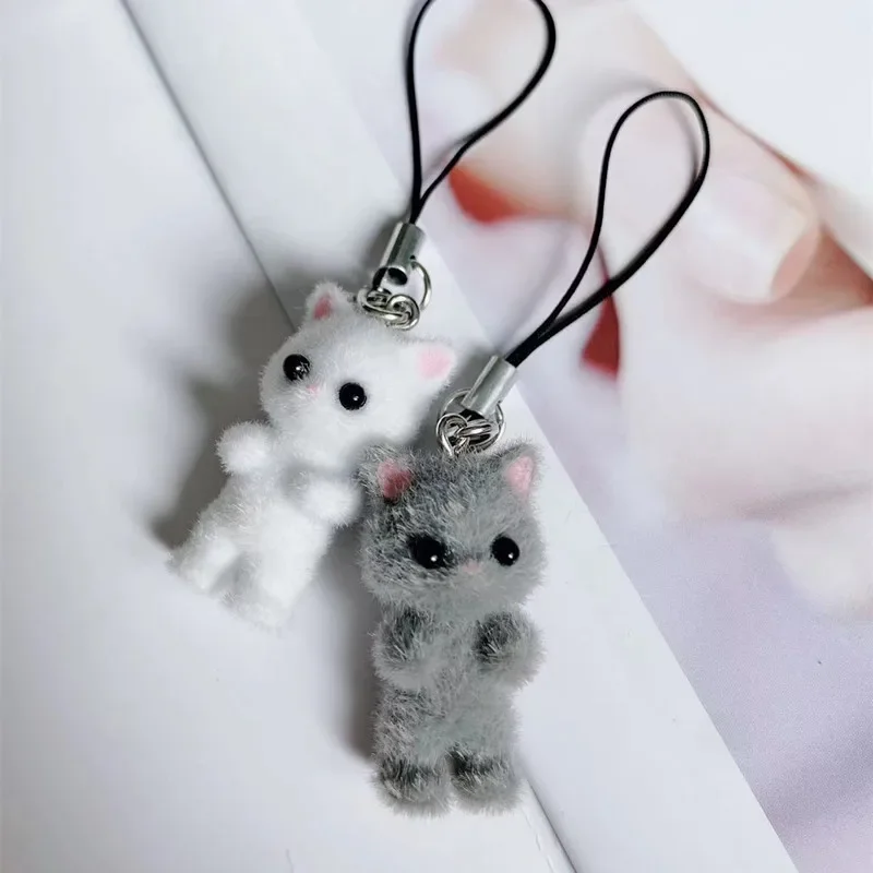 1PCS 3D Cartoon Flocking Cat Keychain Kawaii Cat Key Ring Animal Key Chains Souvenir Gifts For Women Men Car Keys DIY Jewelry