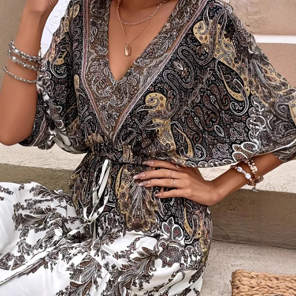 تنورة طويلة برقبة على شكل حرف V بتصميم عتيق على الطراز العرقي بخصر عالٍ وحاشية كبيرة فستان بوهيمي مزين بالزهور لأزياء نسائية الشاطئ