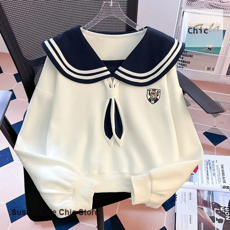 Korean style niche chic college style navy collar sweater women's summer new sweet and slim design Joker outer coat sweatshirt