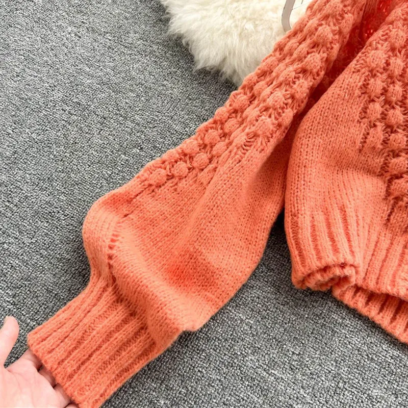 Laranja oco para fora acrílico malha lanterna manga com decote em v cardigan feminino único breasted camisola cardigan para roupas femininas