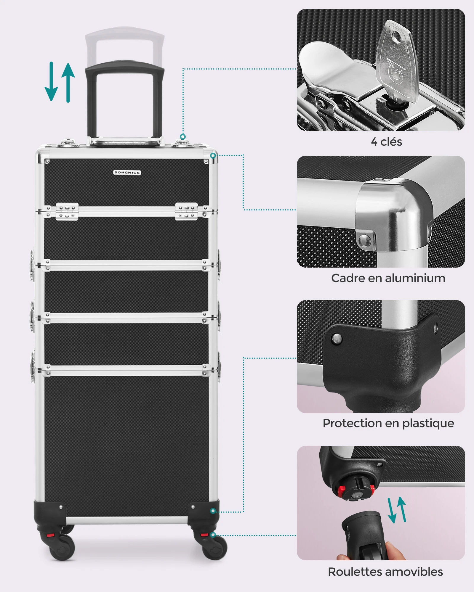Coffret à Maquillage 4 en 1, Valise à Maquillage, Verrouillable, Roulettes, Noir