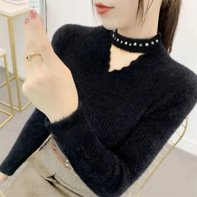 

Mink Thicken Knitted Tops Warm Slim Korean Pullover Fall Winter Eleagnt Sweater Women Casual Knitwears Bottoming Jumper E260