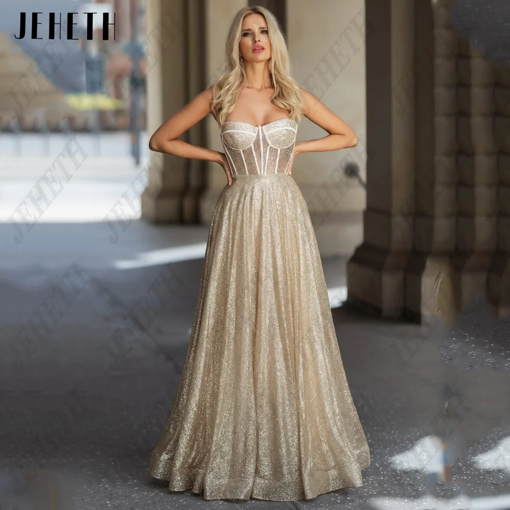 JEHETH Fashion Evening Dresses For Woman Sweetheart Spaghetti Straps Shiny Tulle Prom Gown A-Line Floor Length Vestidos De Noche