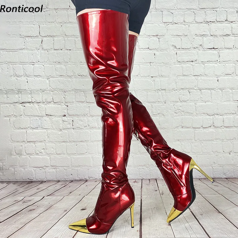 

Ronticool Женские зимние длинные сапоги ручной работы на блестящей шпильке с острым носком, винно-красные, черные, синие туфли для вечеринок, женские размеры США 5-15