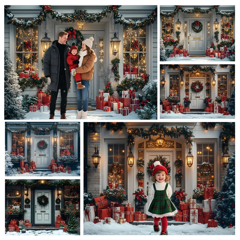 Christmas Decorations Backgrounds For Photographs Snowy Xmas Tree Wreath Gifts Light String Kids Family Portrait Photo Backdrop