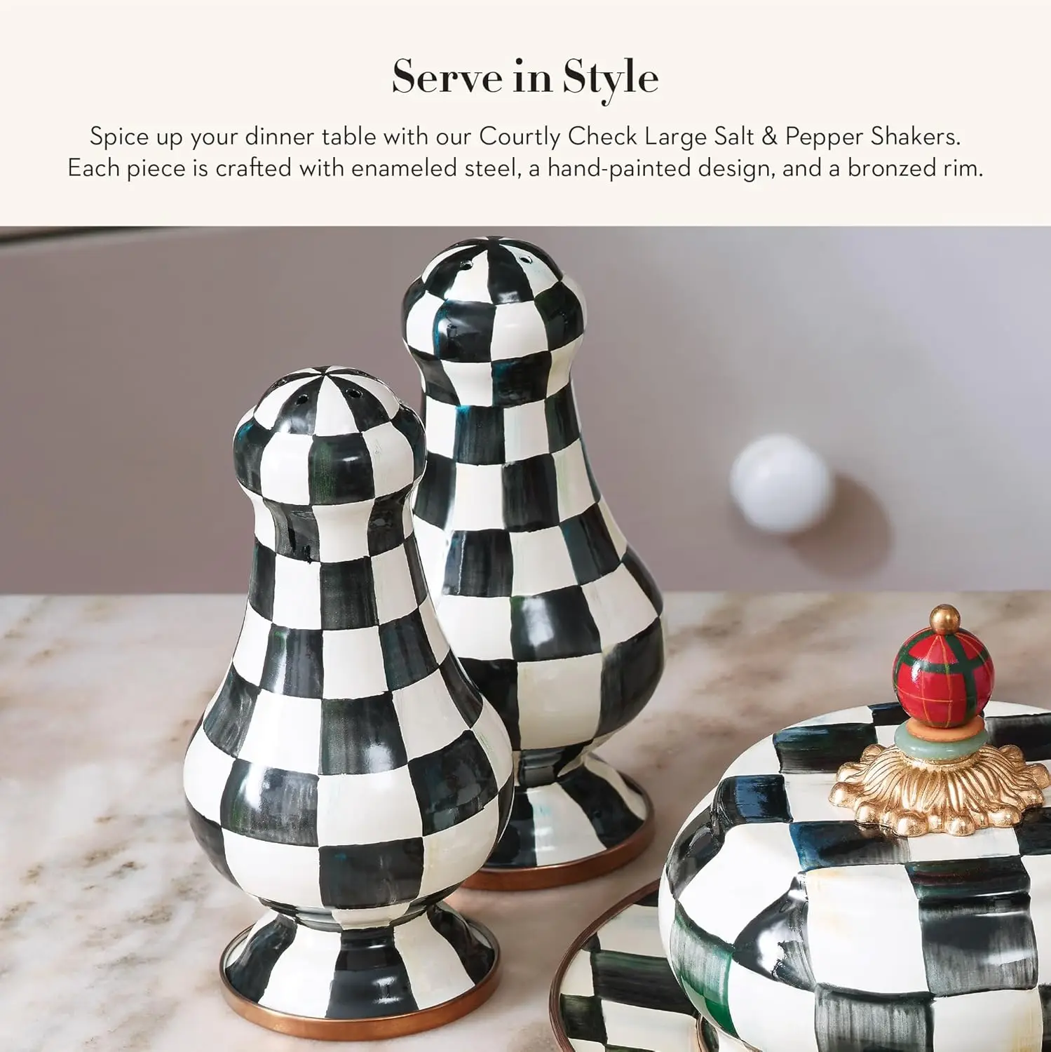 Enamel Salt And Pepper Shakers, Kitchen Table Spice Shaker Set, Black-And-White Courtly Check, Large