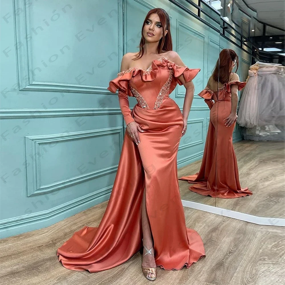 

Elegant Sexy Off Shoulder Evening Dresses For Women Exquisite Beautiful Off Shoulder High Slit Simple Mopping Party Prom Gowns