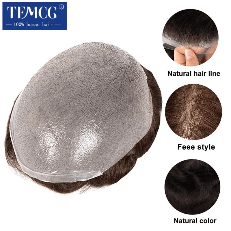 얇은 피부 천연 모발 Toupee 남성용 100% 가발 교체 시스템, 모세관 보형물, 남성 가발, 0.03mm