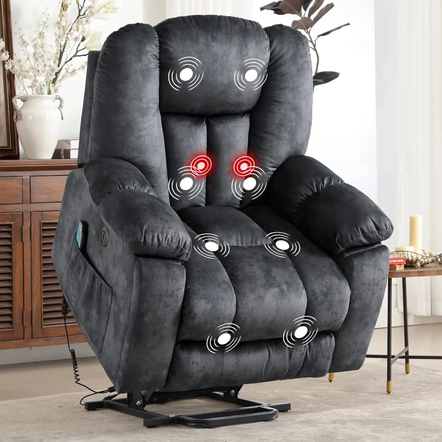 Large Power Lift Recliner Chair with Massage, Heat, and USB for Elderly, Overstuffed Wide Recliners, Safety Motion Reclining