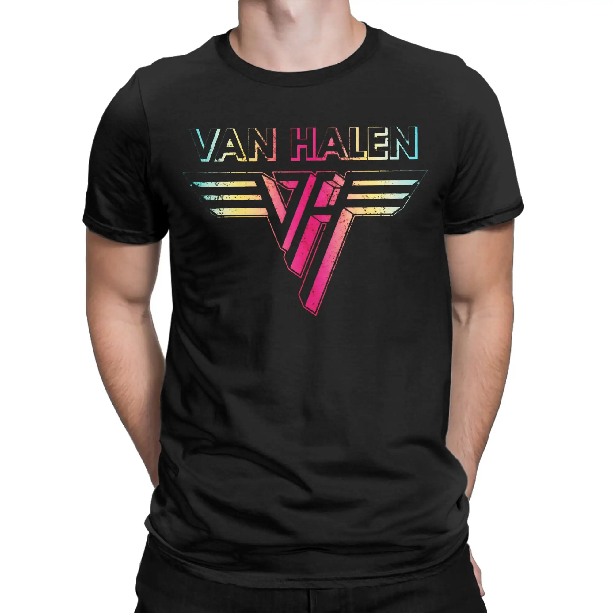 Men's T Shirt Van Halen Rainbow Logo T Shirts Popular  Beach Tees Vintage Cotton Tops Plus Size 5XL