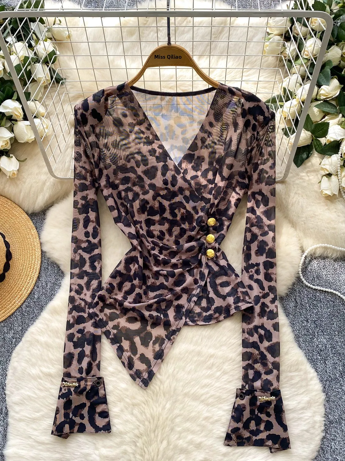 Cross V-ne Long Sve Leopard Print Me Top Donna Autunno Faion Design Dimagrante T-shirt asimmetrica Traspirante Comodo...