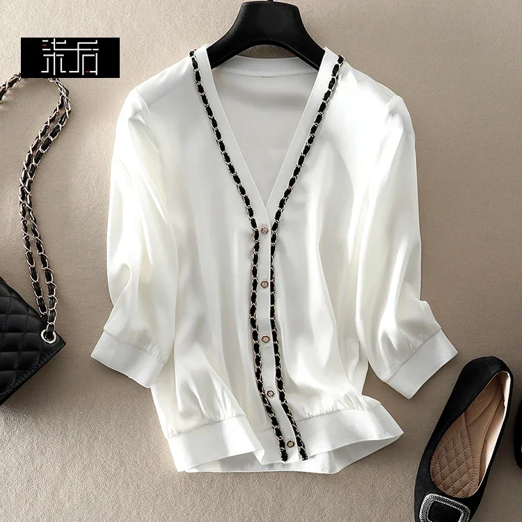 

New Chain Heavyweight Silk Loose Slim and Versatile 7/4 Sleeve Cardigan Short Coat Sun Protection Shirt