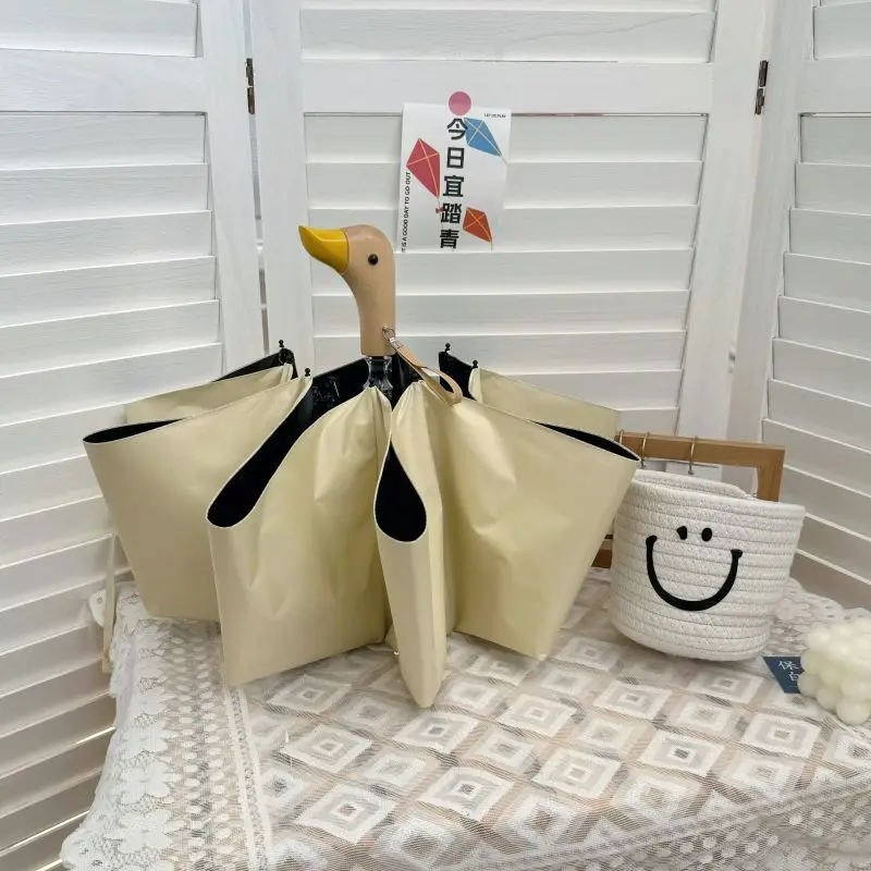 Cute Wooden Duck Handle Sunny Rain Dual-use Umbrella Outdoor Travel Foldable Sunscreen UV Sunshade Compact Parasol Sun Umbrella