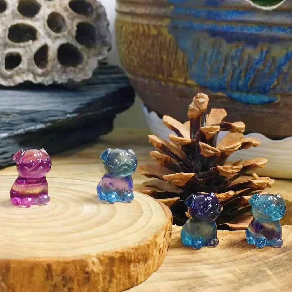 

4pcs/Lot Mini Rainbow Fluorite Pug Dog Carving Natural Stone Crystals Quartz Statue Figurine Miniatures Healing Reiki Home Decor