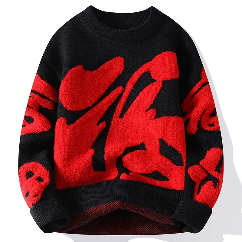 Men Knitted Cartoon Sweater Dragon Winter Letter Sweater Jacquard Women Loose Thick Warm Knitwear Fleece Couple Pullover Unisex