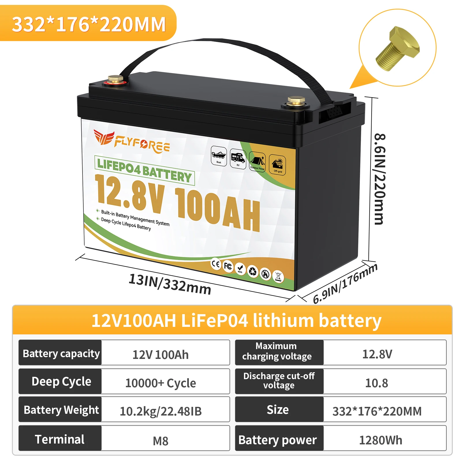 Batería FLLYROWER 12V 100Ah Li - Fish Finder Battery 12V reseña y precio
