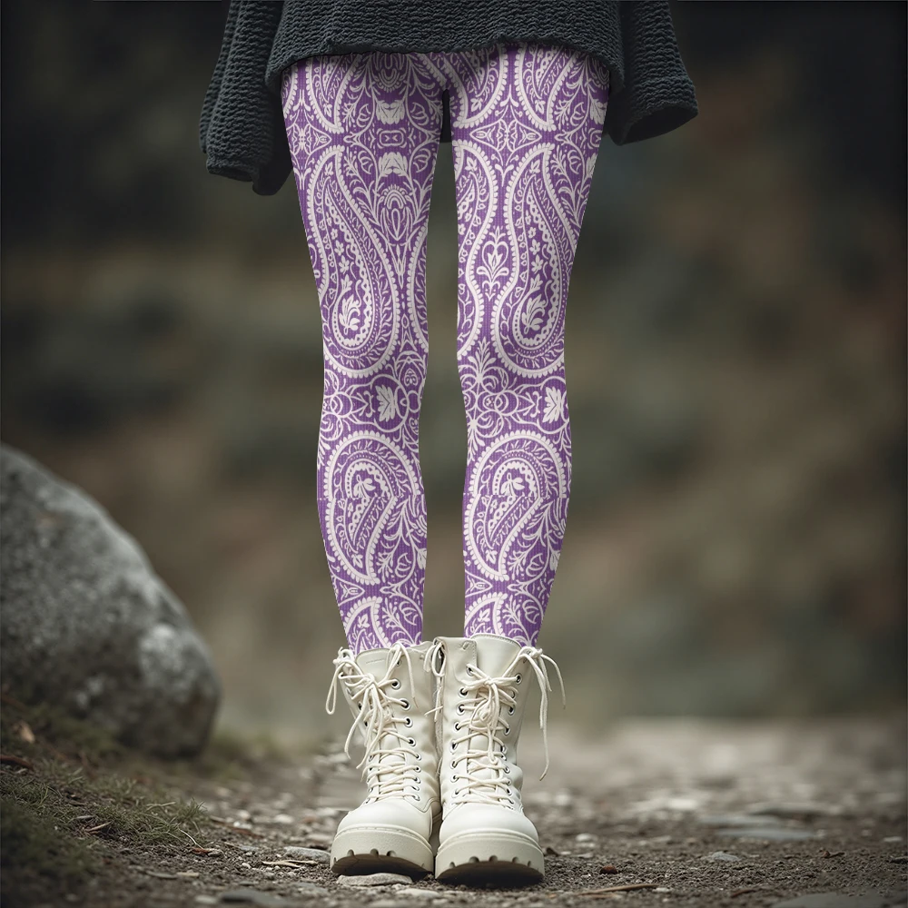 Women's Purple Paisley Print Thermal Leggings Layered Over Trousers Thick Winter Wearable Tights Boho Style Outfits Pants