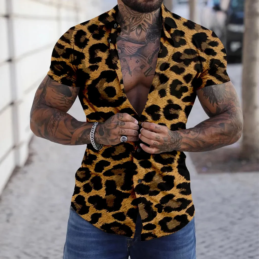 Summer Men Luxury Leopard Print Shirt Vintage man shirt Casual Stylish Blouse Trun Down Collar Clothing Male Beach Style Outfit