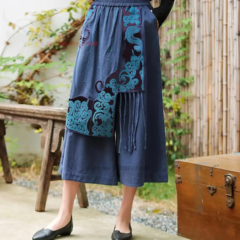 2024 ethnic harajuku vintage wide leg pants chinese flower embroidery elastic waist long trousers patchwork women linen pants