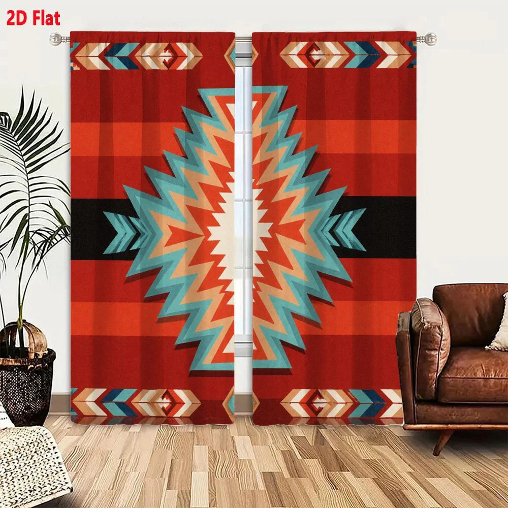 2Pcs Curtains 2D Flat Symmetrical Geometric Pattern Inspired By Native American Southwestern Tribal Art With Red Blue White Colo