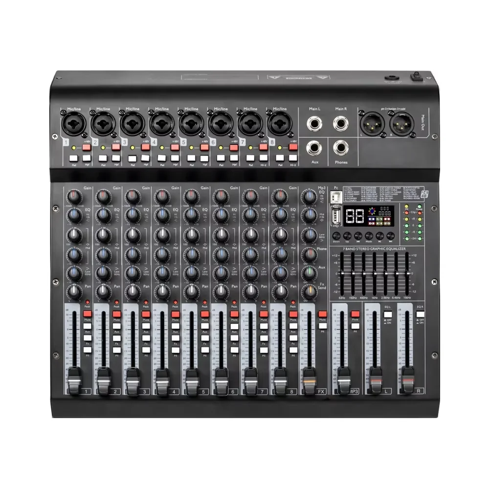 Professional Compact Rayco CX80 8-Channel Audio Mixer USB Recording Adjustable Voice Multiple Effects for Live Performance