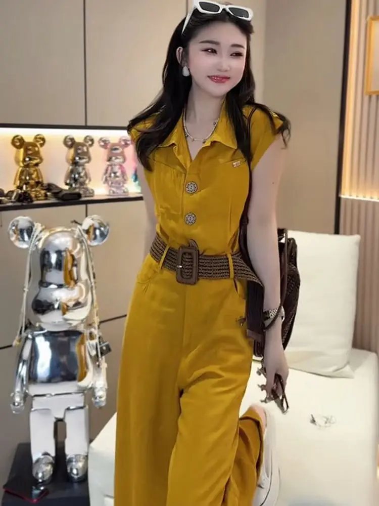 

Summer 2026 Slim Fit Overalls Waist Cinched Sleeveless V Neck Wide Leg Pants Workwear Style Pure Color Versatile Sl...